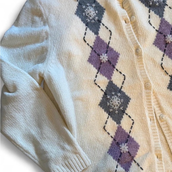 Alfred Dunner Vintage Cream Cardigan with Purple and Gray Argyle Pattern - Picture 2 of 6
